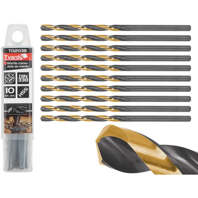Tvardy Metaalboor - HSS 3,80 mm - TiN Coating - Zwart & Goud - Slijphoek 135° - 10 stuks