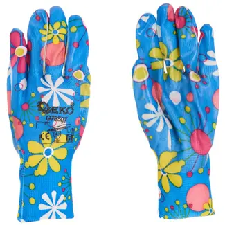 GEKO Dames werkhandschoenen - nitril coating - maat 6 - blauw met bloemen - 12 stuks