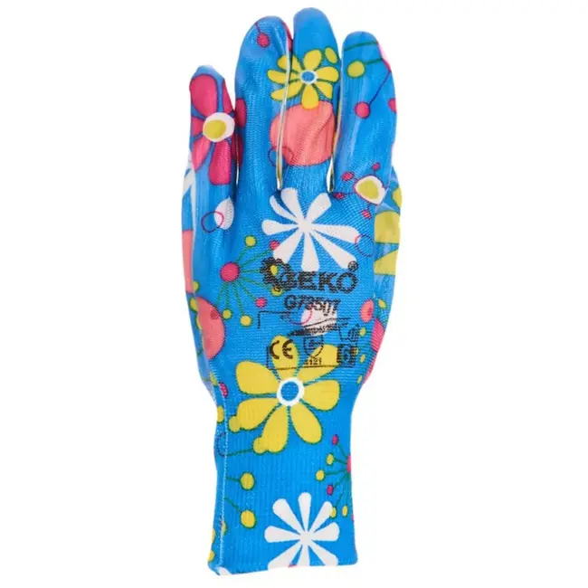 GEKO Dames werkhandschoenen - nitril coating - maat 6 - blauw met bloemen - 12 stuks