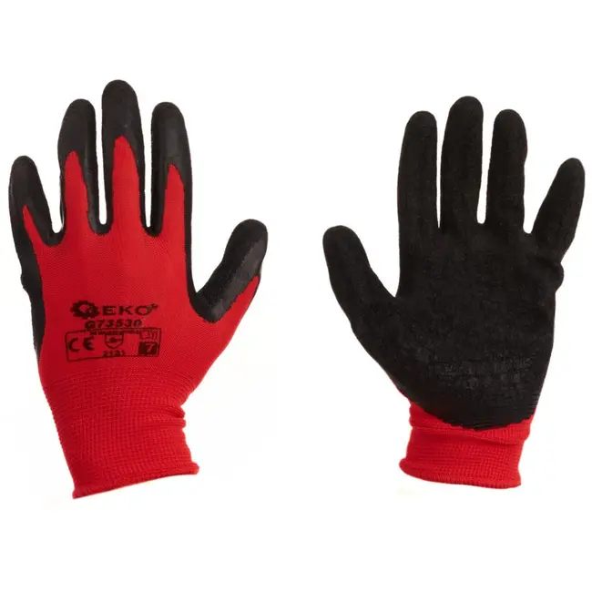 GEKO Katoenen werkhandschoenen - latex grip - maat 7 - rood/zwart - 12 stuks