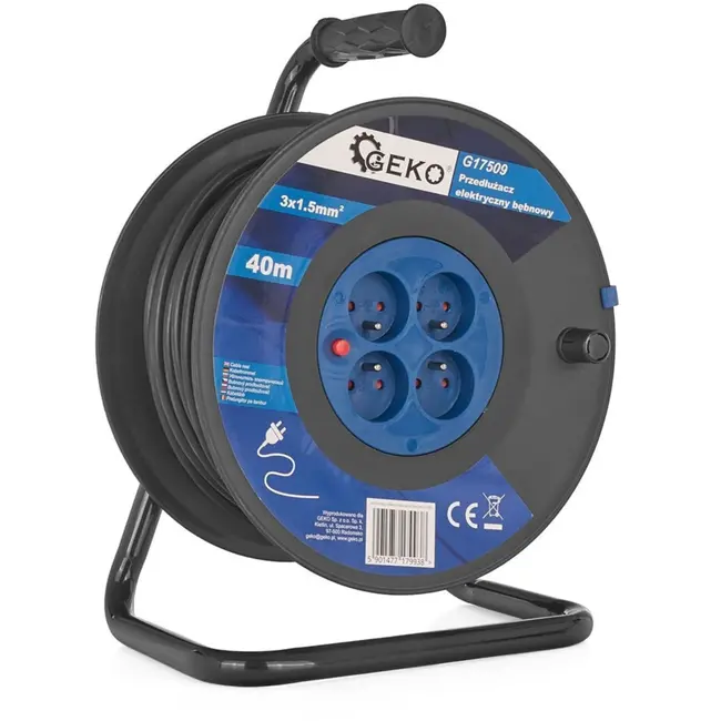 GEKO Elektrische kabelhaspel - 40m - 4 stopcontacten - 1.5mm2 - zwart