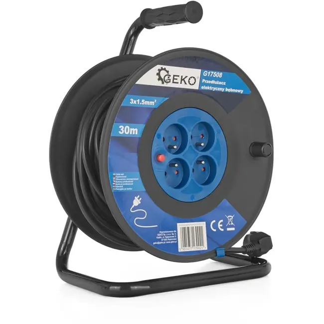 GEKO Elektrische kabelhaspel - 30m - 4 stopcontacten - 1.5mm² koper - Zwart