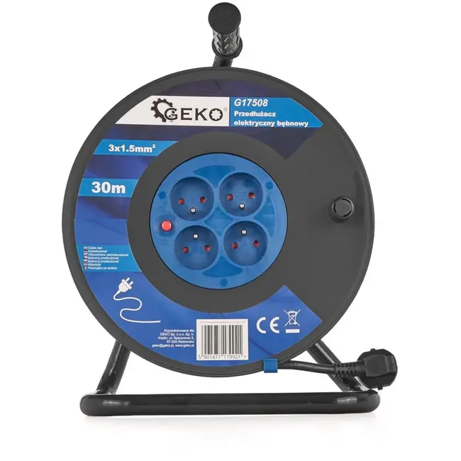 GEKO Elektrische kabelhaspel - 30m - 4 stopcontacten - 1.5mm² koper - Zwart