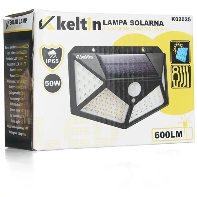 Keltin Solar buitenlamp - 100 LED - Bewegings- en schemersensor - 270° verlichting - 50W - IP65 weerbestendig