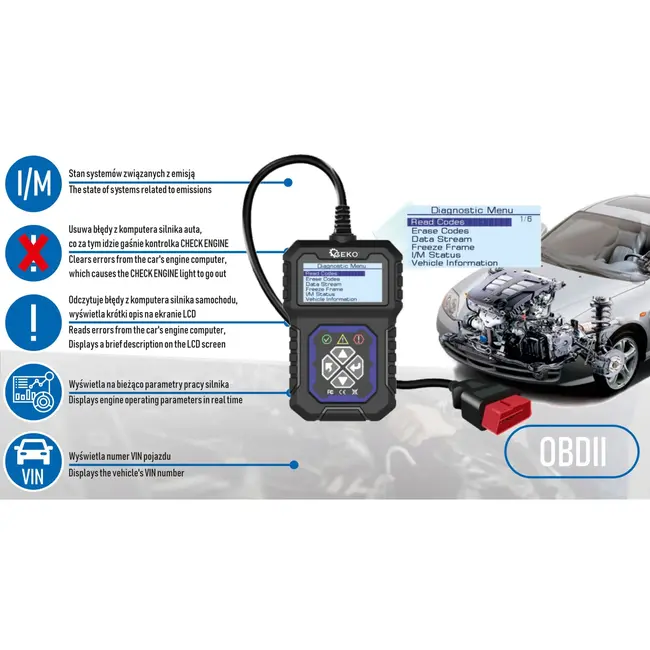 GEKO OBDII codelezer - dual-systeem diagnose - LED-indicatie - 115x70x20mm