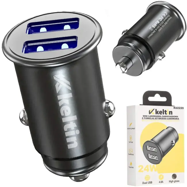 Keltin Mini autolader - 24W - 4.8A - compact - glanzend zwart - dubbele USB-poorten