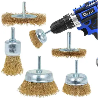 GEKO Set van 5 draadborstels - Brass-plated - 6 mm schacht - Diverse maten