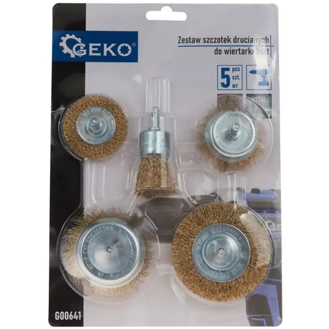 GEKO Set van 5 draadborstels - Brass-plated - 6 mm schacht - Diverse maten