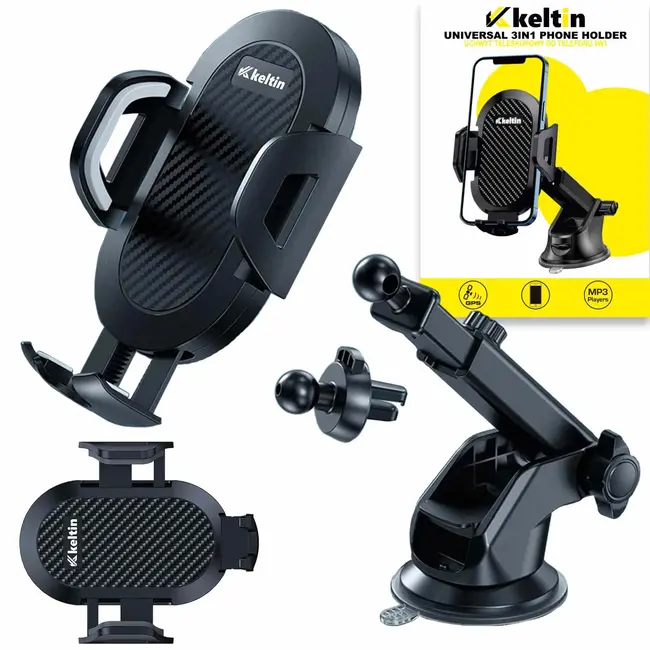 Keltin 3-in-1 telefoonhouder - telescopische arm - 360° draaibaar - zwart