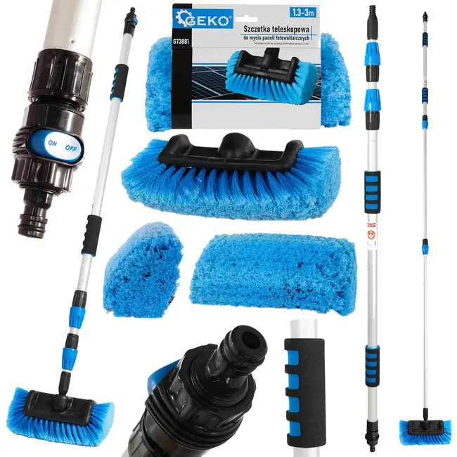 GEKO Telescopische borstel - Zonnepanelen reinigen - 1,3-3 m - Zachte borstelharen - Waterregeling
