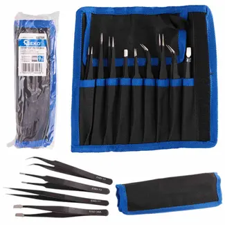 GEKO Metalen precisiepincet set - 9 stuks - Diverse vormen en maten - Inclusief stevige opbergcase