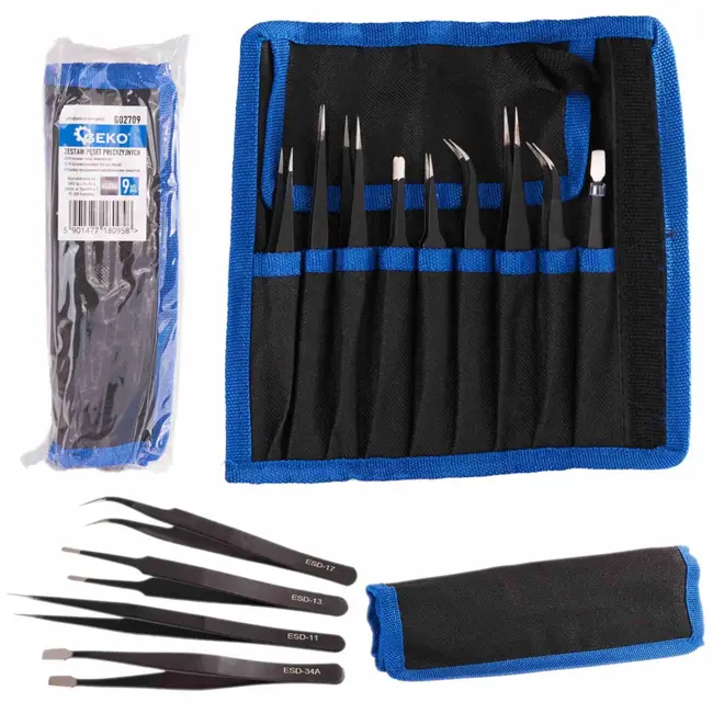 GEKO Metalen precisiepincet set - 9 stuks - Diverse vormen en maten - Inclusief stevige opbergcase