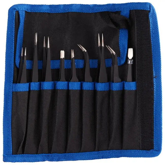 GEKO Metalen precisiepincet set - 9 stuks - Diverse vormen en maten - Inclusief stevige opbergcase