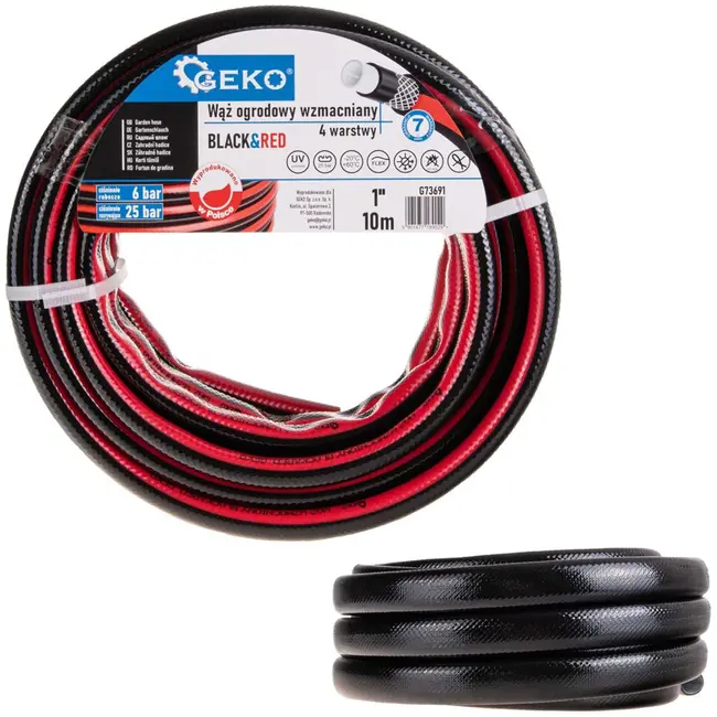 GEKO Versterkte tuinslang - 4 lagen - UV-bescherming - 1" diameter - 10m - zwart/rood