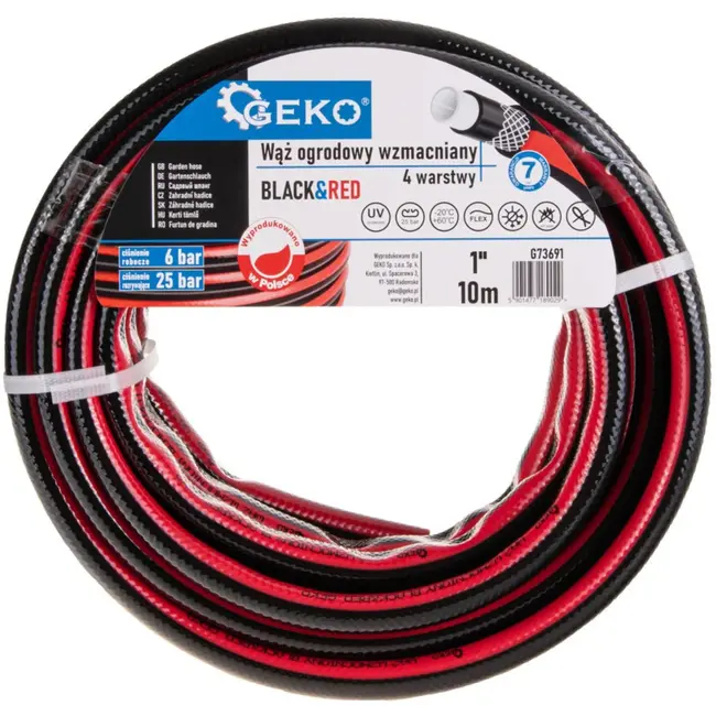 GEKO Versterkte tuinslang - 4 lagen - UV-bescherming - 1" diameter - 10m - zwart/rood