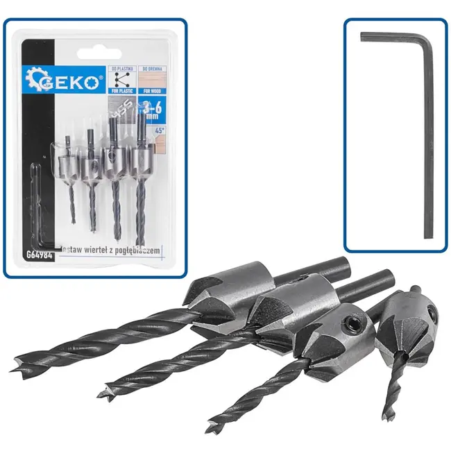 GEKO Verzinkboorset - 5-delig - HSS staal - 3 tot 6 mm - Voor hout en kunststof