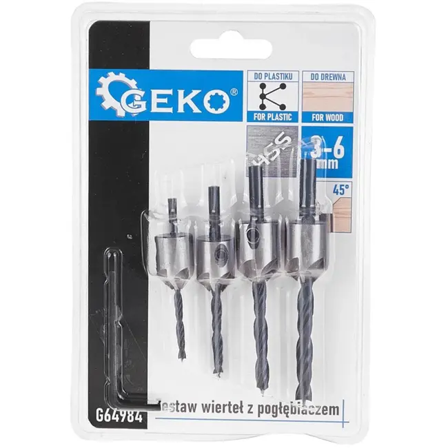 GEKO Verzinkboorset - 5-delig - HSS staal - 3 tot 6 mm - Voor hout en kunststof