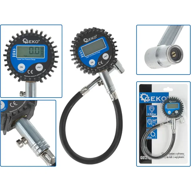 GEKO Digitale bandenspanningsmeter - LCD display - Flexibele slang - 30 cm - Veiligheidsalarm