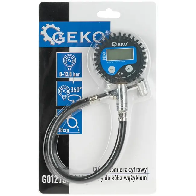 GEKO Digitale bandenspanningsmeter - LCD display - Flexibele slang - 30 cm - Veiligheidsalarm