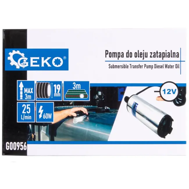 GEKO 12V dompelpomp - olie en vloeistoffen - 25L/min - 3m slang - duurzaam ontwerp