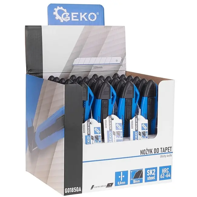 GEKO Ergonomisch afbreekmes - SK2H staal - 8 segmenten - ABS behuizing - 165 mm - 24 stuks displaybox