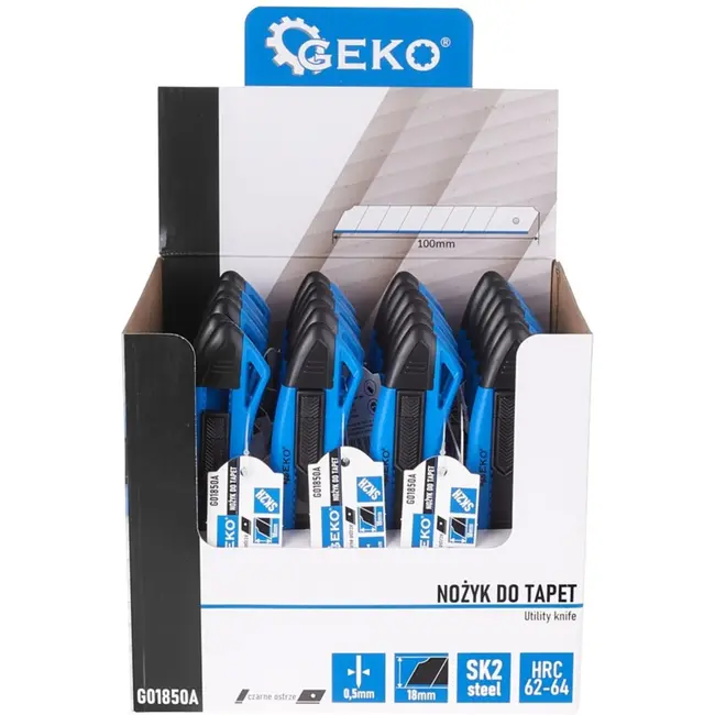 GEKO Ergonomisch afbreekmes - SK2H staal - 8 segmenten - ABS behuizing - 165 mm - 24 stuks displaybox