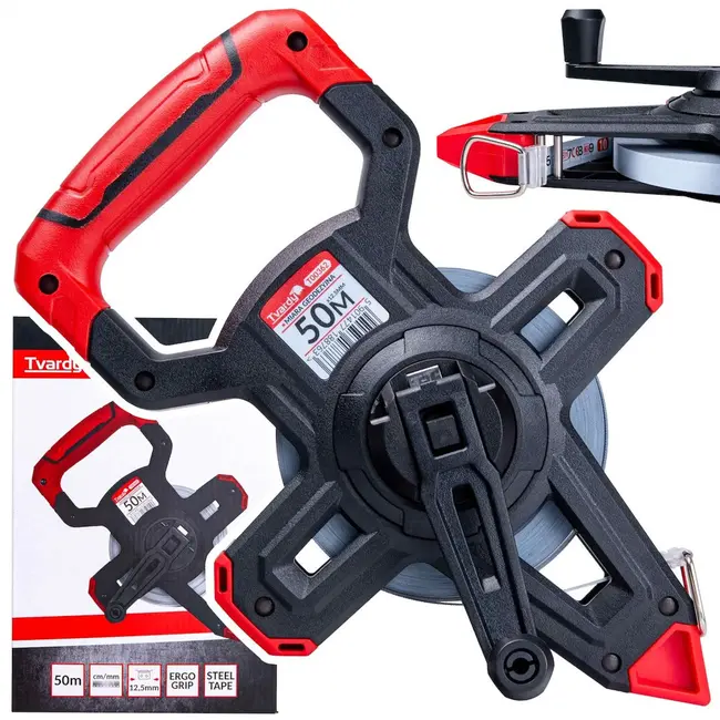 Tvardy Open frame meetlint - 50m staal - ergonomische grip - nauwkeurige schaal