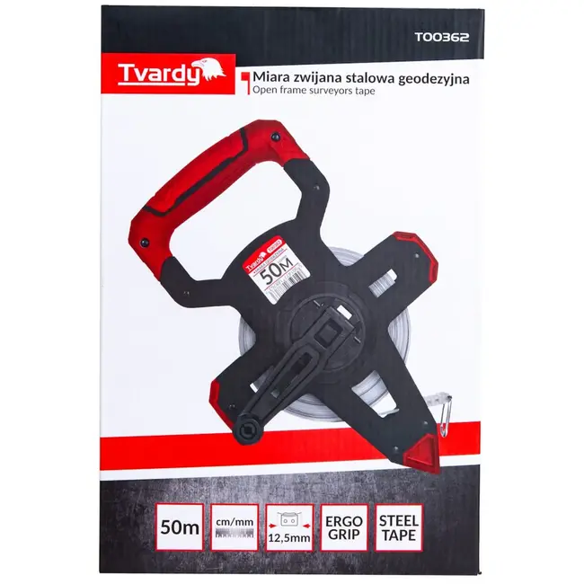 Tvardy Open frame meetlint - 50m staal - ergonomische grip - nauwkeurige schaal