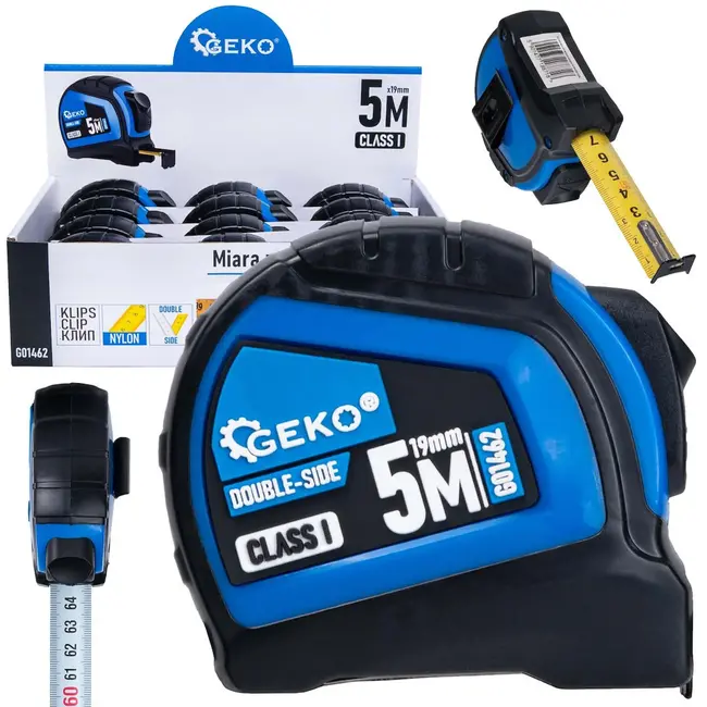GEKO Dubbelzijdige meetlint - Autostop - 5 m - Nylon beschermlaag - Klasse I nauwkeurigheid - 12 stuks