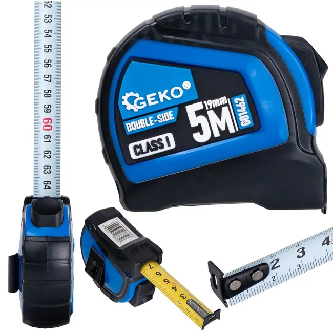 GEKO Dubbelzijdige meetlint - Autostop - 5 m - Nylon beschermlaag - Klasse I nauwkeurigheid - 12 stuks