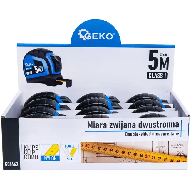 GEKO Dubbelzijdige meetlint - Autostop - 5 m - Nylon beschermlaag - Klasse I nauwkeurigheid - 12 stuks