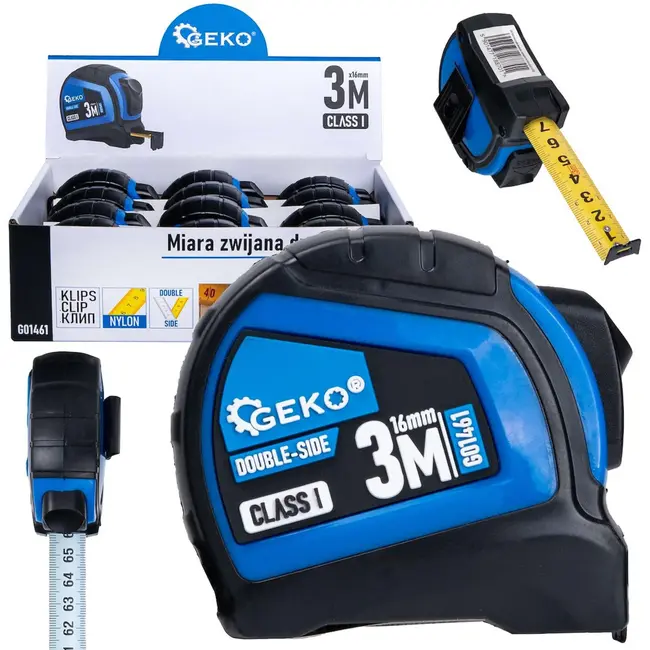 GEKO Dubbelzijdige meetlint met autostop - 3m - Nylon coating - Klasse I nauwkeurigheid - 12 stuks