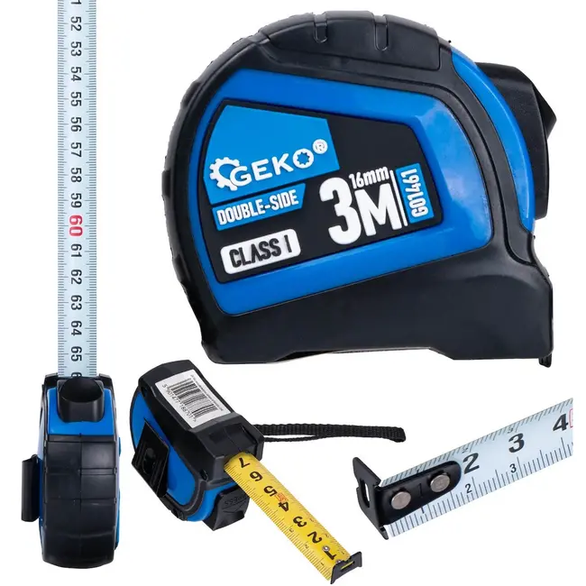 GEKO Dubbelzijdige meetlint met autostop - 3m - Nylon coating - Klasse I nauwkeurigheid - 12 stuks