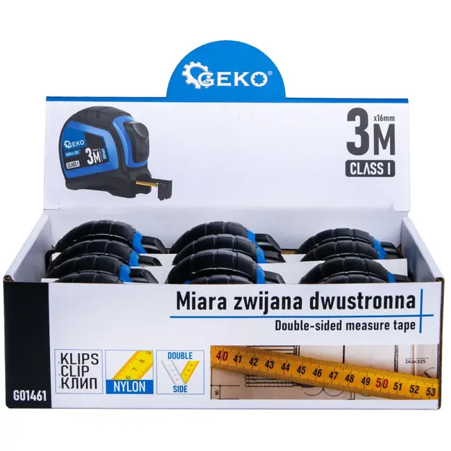 GEKO Dubbelzijdige meetlint met autostop - 3m - Nylon coating - Klasse I nauwkeurigheid - 12 stuks