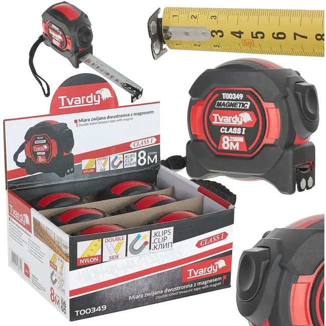 Tvardy Dubbelzijdige meetlint - magnetisch - autostop - 8m/25mm - precisieklasse 1 - 6 stuks