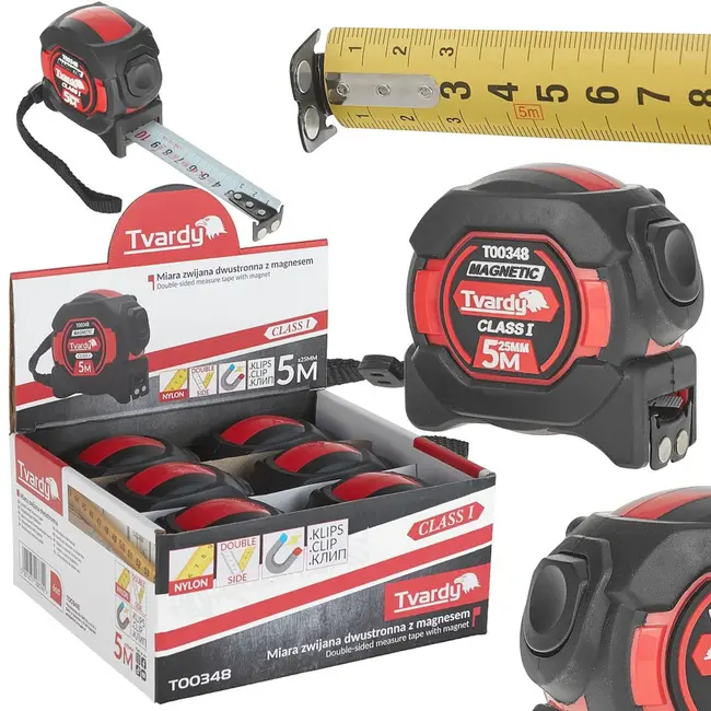 Tvardy Dubbelzijdige meetlint met magneet en autostop - 5m/25mm - Klasse 1 nauwkeurigheid - 6 stuks