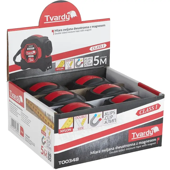 Tvardy Dubbelzijdige meetlint met magneet en autostop - 5m/25mm - Klasse 1 nauwkeurigheid - 6 stuks