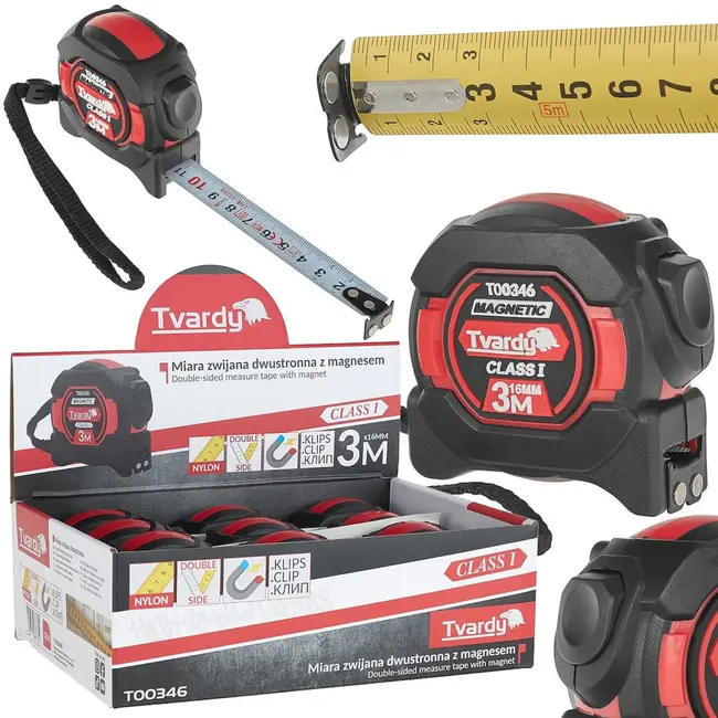 Tvardy Dubbelzijdige meetlint - magnetisch - autostop - 3m - 16mm - klasse 1 nauwkeurigheid - 12 stuks