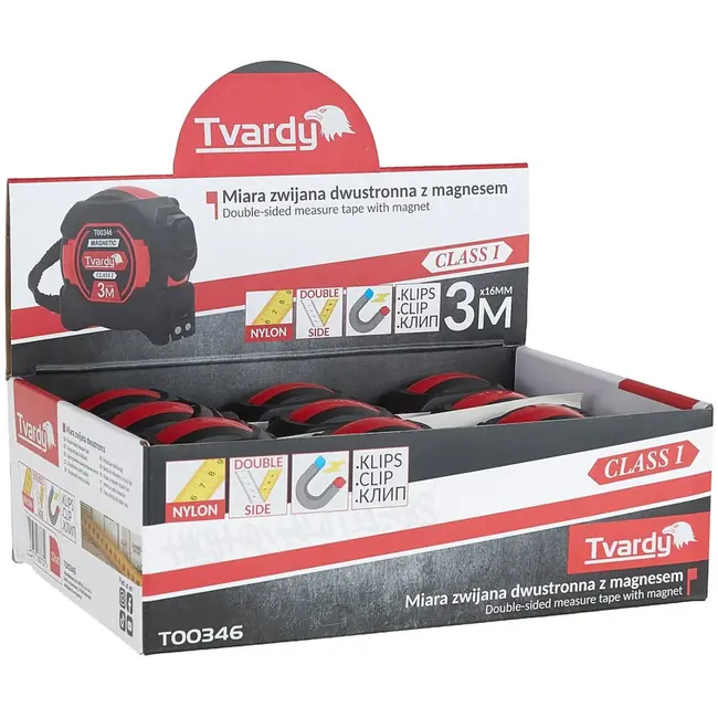 Tvardy Dubbelzijdige meetlint - magnetisch - autostop - 3m - 16mm - klasse 1 nauwkeurigheid - 12 stuks