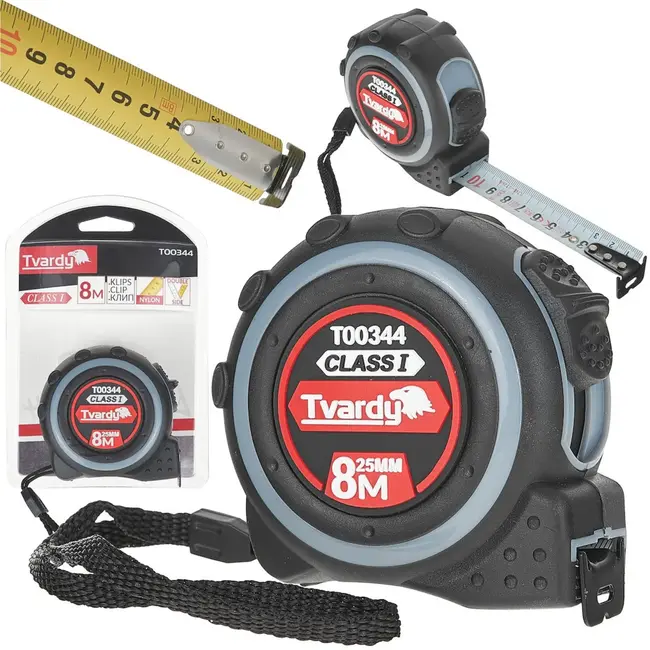 Tvardy Dubbelzijdige meetlint - 8m lengte - 25mm breedte - Klasse 1 nauwkeurigheid - Rubber behuizing