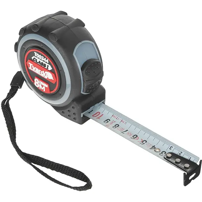 Tvardy Dubbelzijdige meetlint - 8m lengte - 25mm breedte - Klasse 1 nauwkeurigheid - Rubber behuizing