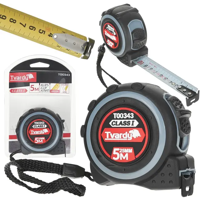 Tvardy Dubbelzijdige meetlint - 5m - Klasse 1 nauwkeurigheid - Rubber behuizing - 25mm breed