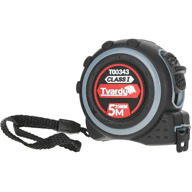 Tvardy Dubbelzijdige meetlint - 5m - Klasse 1 nauwkeurigheid - Rubber behuizing - 25mm breed
