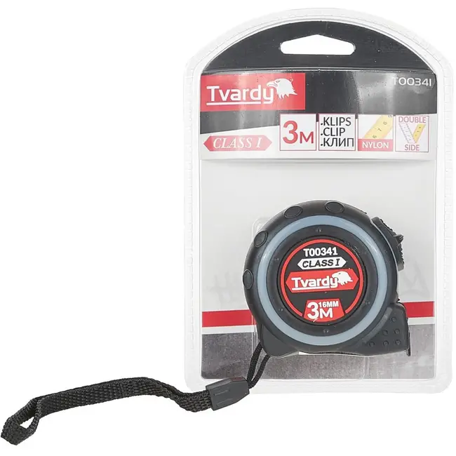 Tvardy Dubbelzijdige meetlint - 3m lengte - 16mm breedte - Klasse 1 nauwkeurigheid - Rubber behuizing