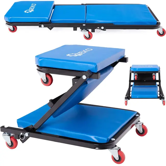 GEKO Opvouwbare werkplaatskruk en ligbed - 2-in-1 - Verstelbare rugleuning - Stalen frame - 930x420x120 mm