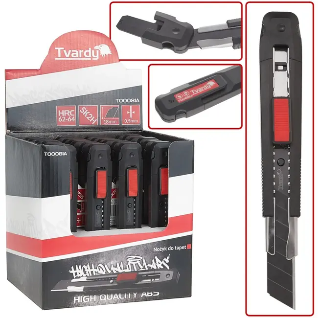 Tvardy Utility mes - Uitschuifbaar - SK2H staal - 8-segment - ABS kunststof - 165 mm - 24 stuks displaybox