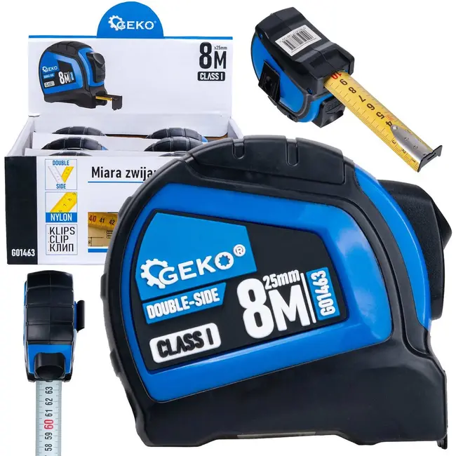 GEKO Dubbelzijdige meetlint - Autostop - 8m x 25mm - Rubberen behuizing - Klasse I nauwkeurigheid - 6 stuks