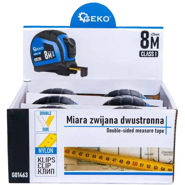 GEKO Dubbelzijdige meetlint - Autostop - 8m x 25mm - Rubberen behuizing - Klasse I nauwkeurigheid - 6 stuks