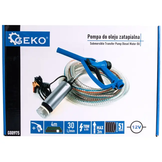 GEKO 12V olie pomp - 51mm - 4m slang - met pistool en filter