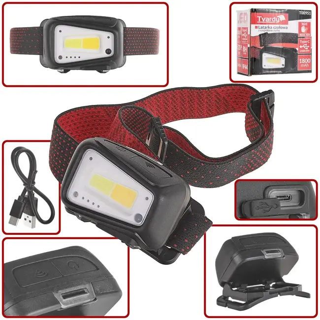 Tvardy Hoofdlamp met bewegingssensor - 8W LED - 520 lumen - IP44 - USB-C oplaadbaar - Verstelbare hoofdband